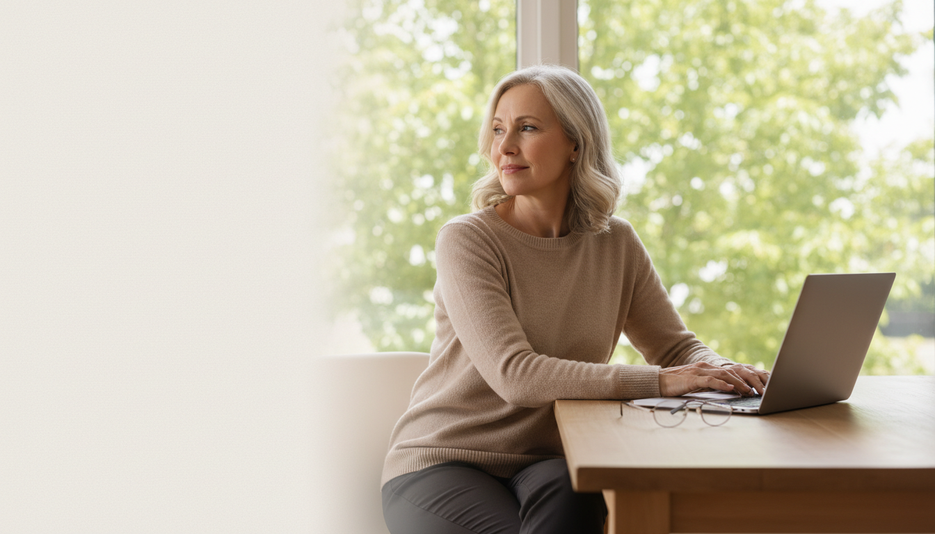 American woman resting eyes while looking into the distance from her laptop