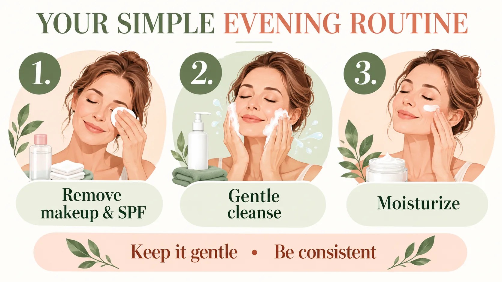 Evening routine: remove makeup and sunscreen, cleanse gently, then moisturize