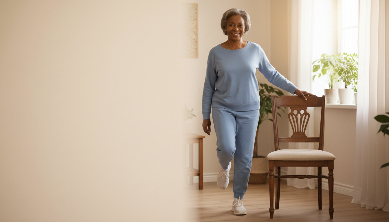 American woman safely practicing chair-supported balance exercise at home