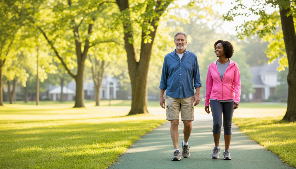 Two American adults in their 50s enjoying a gentle morning walk in a leafy neighborhood park