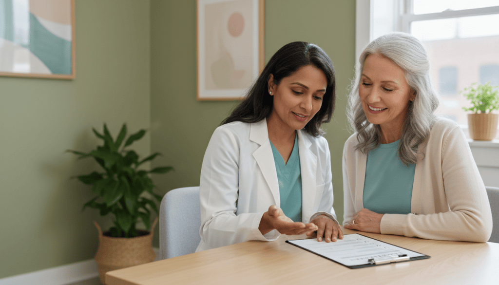Older American woman discussing bone health and screening with her clinician in a bright medical office