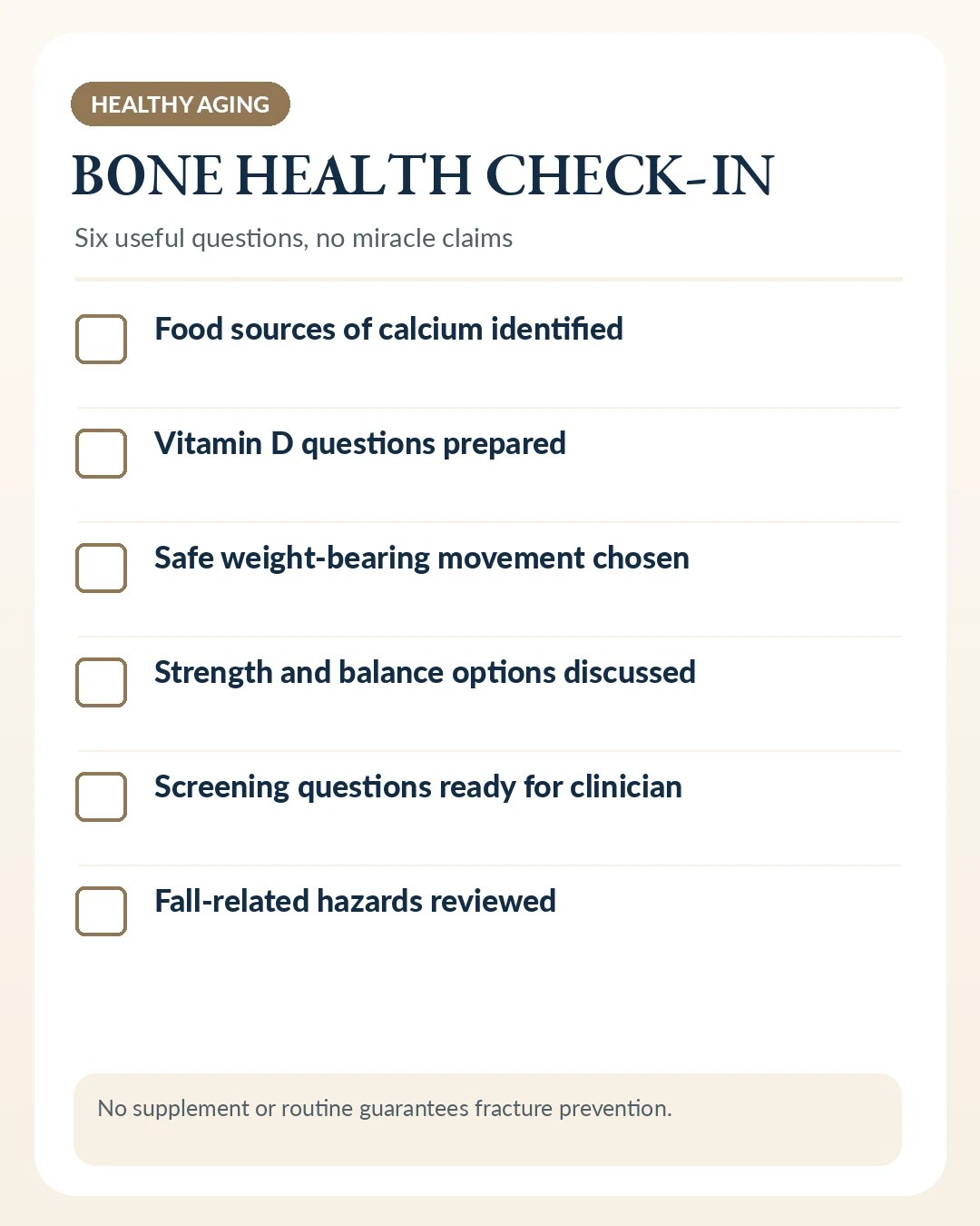 Six-point bone health checklist for food, vitamin D, safe movement, individual screening questions and fall risks