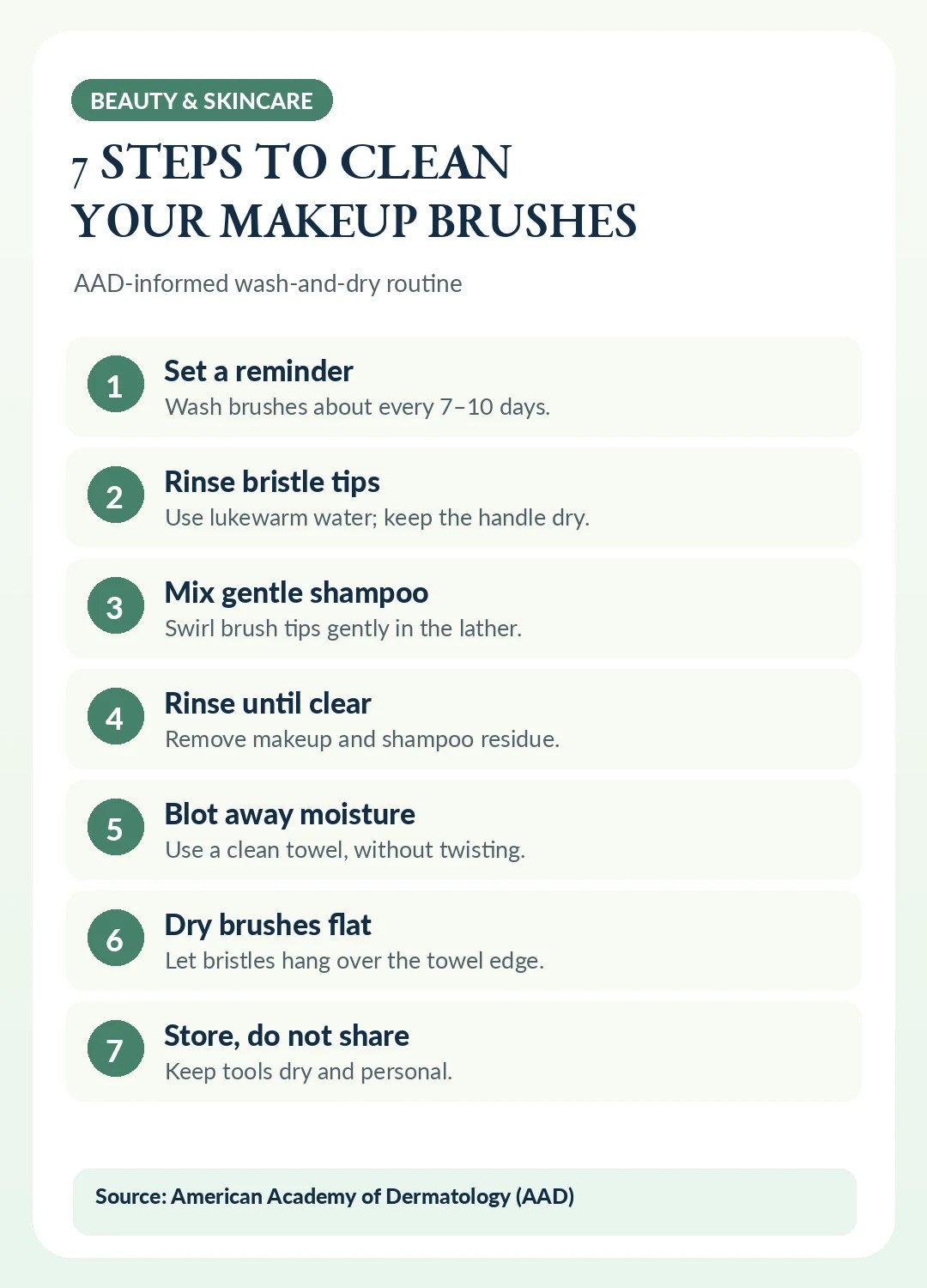Seven AAD-informed steps for cleaning makeup brushes including rinsing bristles, shampooing and drying flat