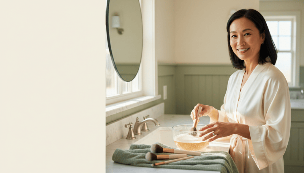 Radiant American woman in her early fifties cleaning a makeup brush using gentle soap and water