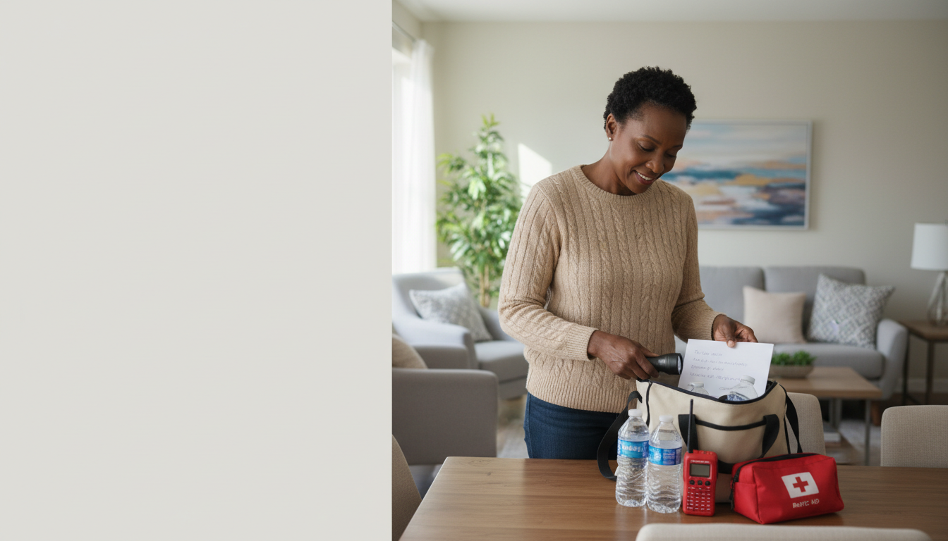 American woman packing water and essentials into a preparedness bag