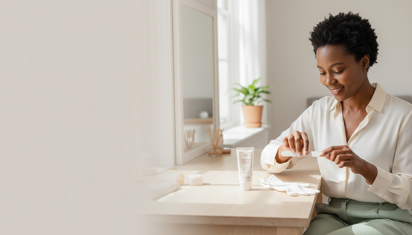 American woman gently filing clean natural fingernails