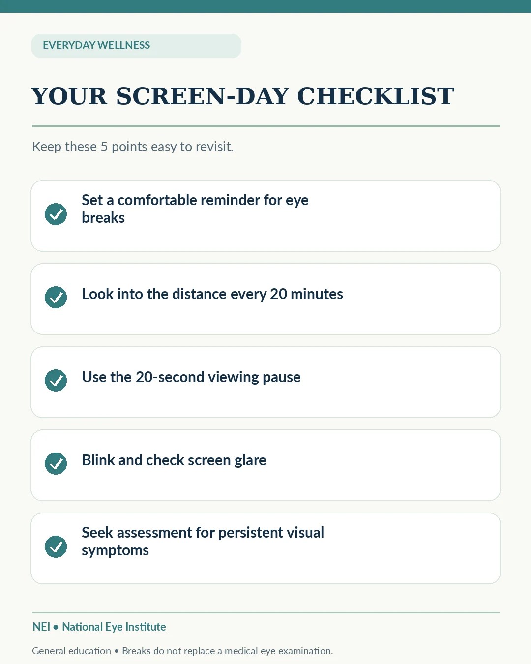 Five-point screen day checklist including 20-20-20 breaks blinking glare adjustment and assessment of symptoms