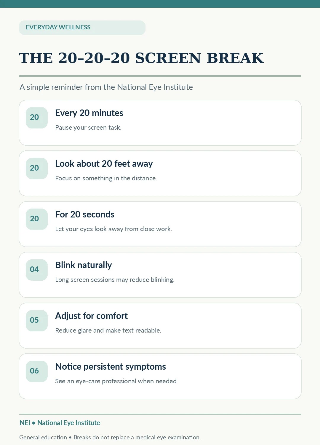 NEI 20-20-20 eye comfort infographic including look away every 20 minutes at 20 feet for 20 seconds