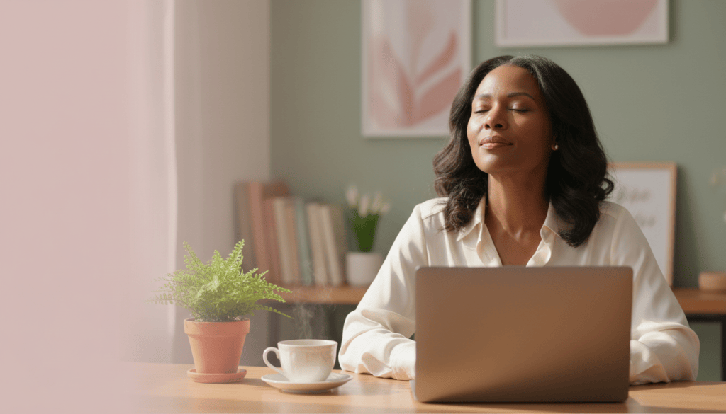 Stylish American woman in her fifties taking a calm breathing break beside her laptop