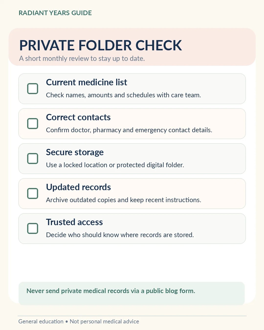 Private health information folder checklist for secure storage and updated details