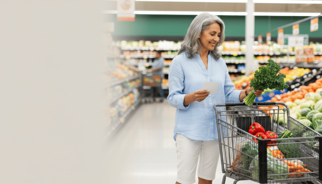 Radiant Hispanic American woman in her early sixties selecting vegetables with a shopping list