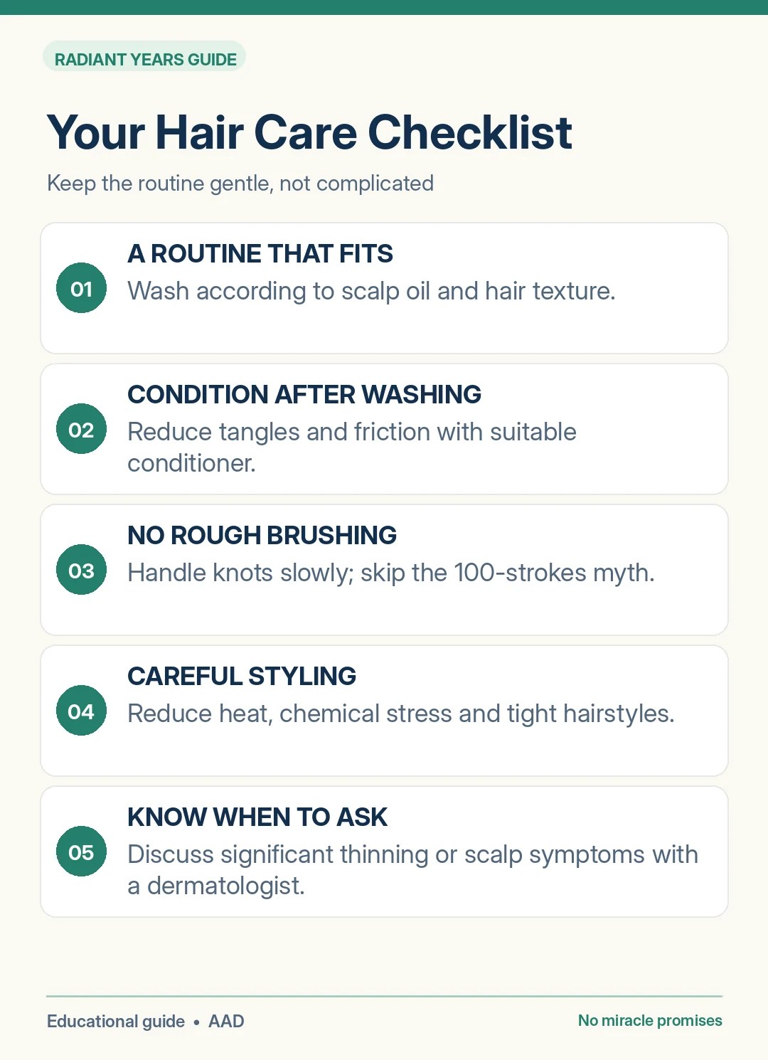 A visual hair-care checklist including scalp washing, conditioner, gentle detangling, heat and styling tips