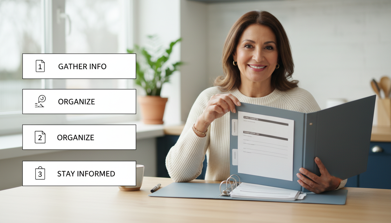 American woman organizing personal health information in a binder