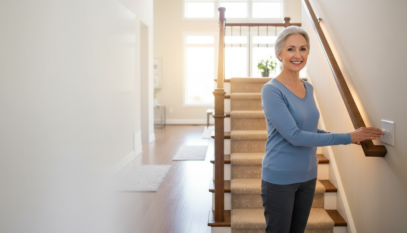 Vibrant older American woman checking lighting and a staircase railing at home