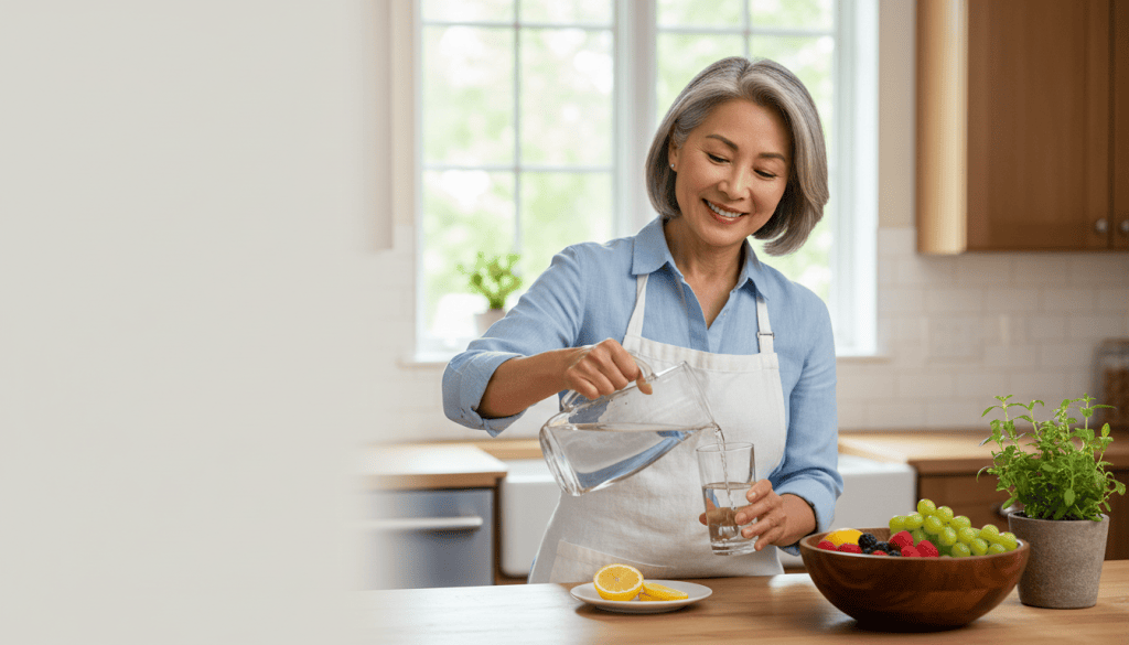 Stylish older American woman enjoying a glass of water in a bright kitchen