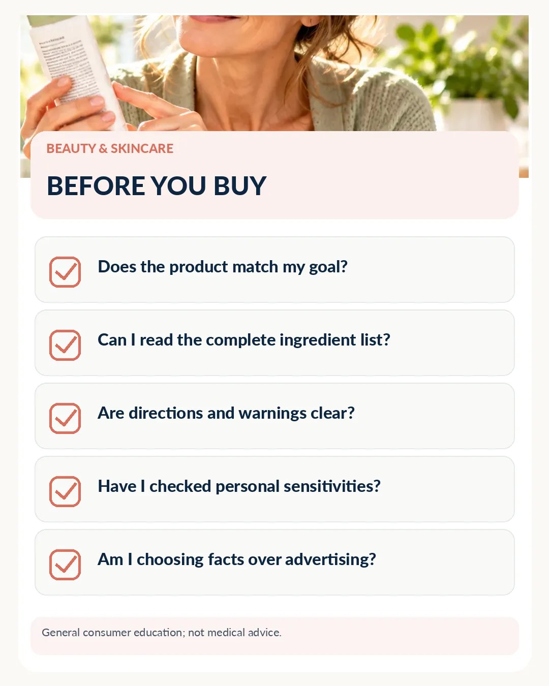 Printable-style visual checklist for Five Things to Check on Any Skincare Label