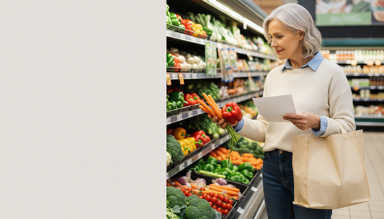 American shopper choosing fresh produce with a short list