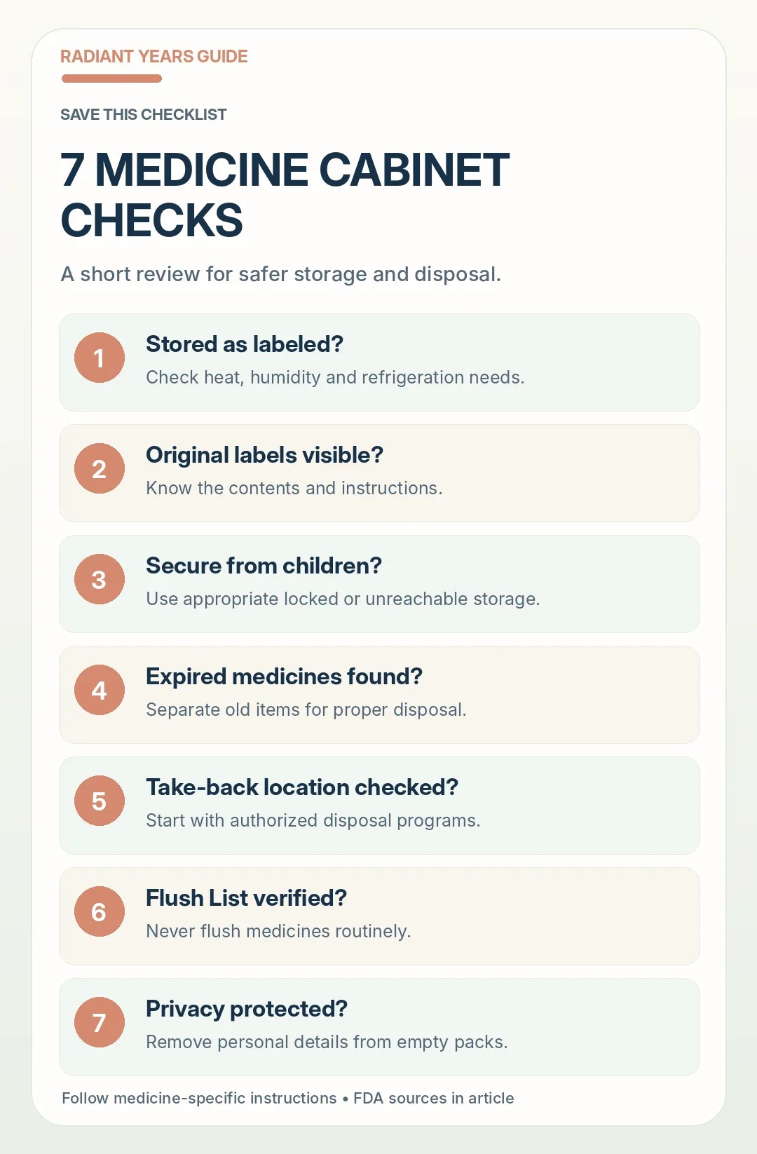 Seven medicine cabinet safety checks covering secure storage expiration take back and the FDA flush list exception