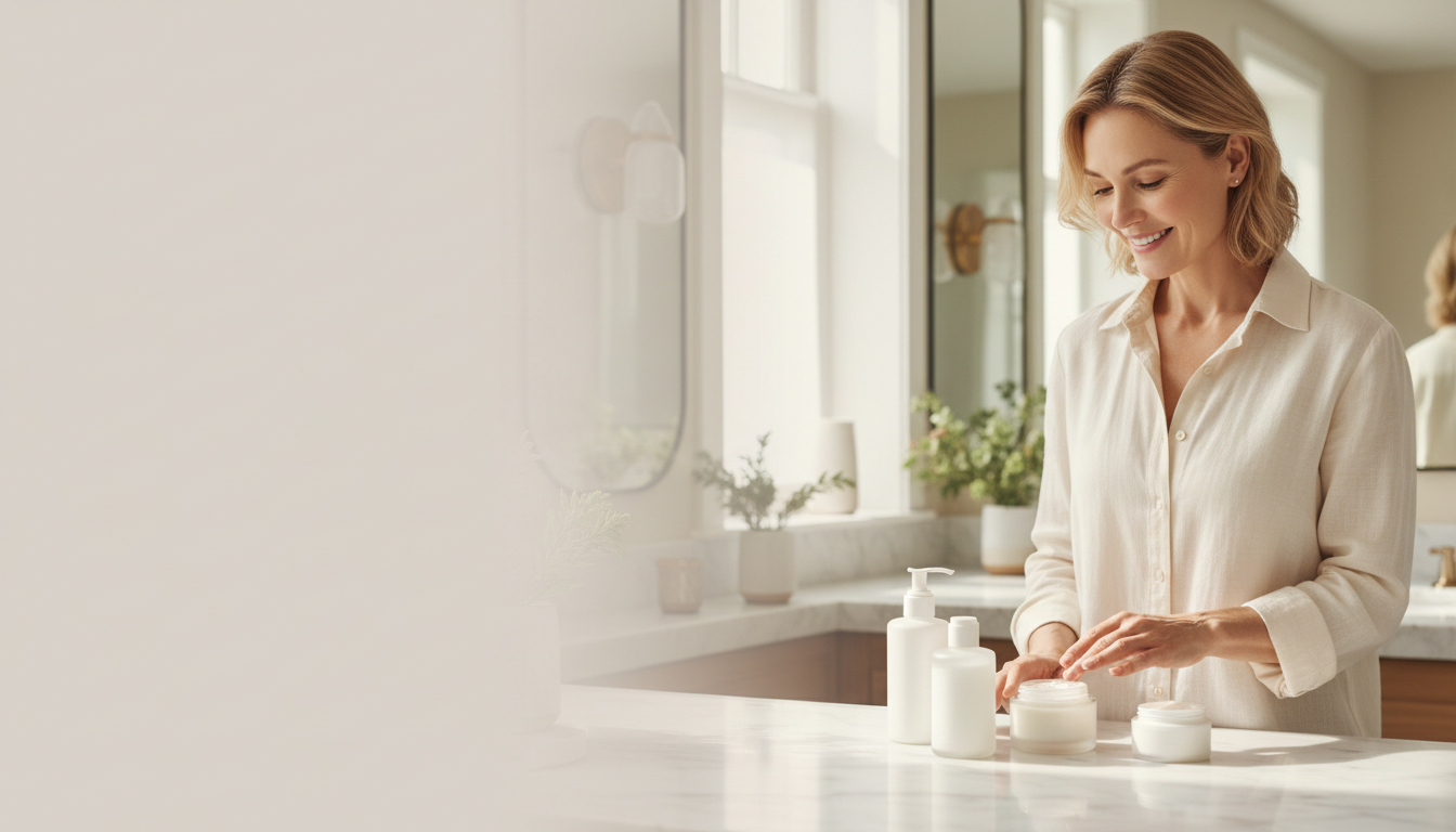 American woman choosing lotion cream and ointment textures at home