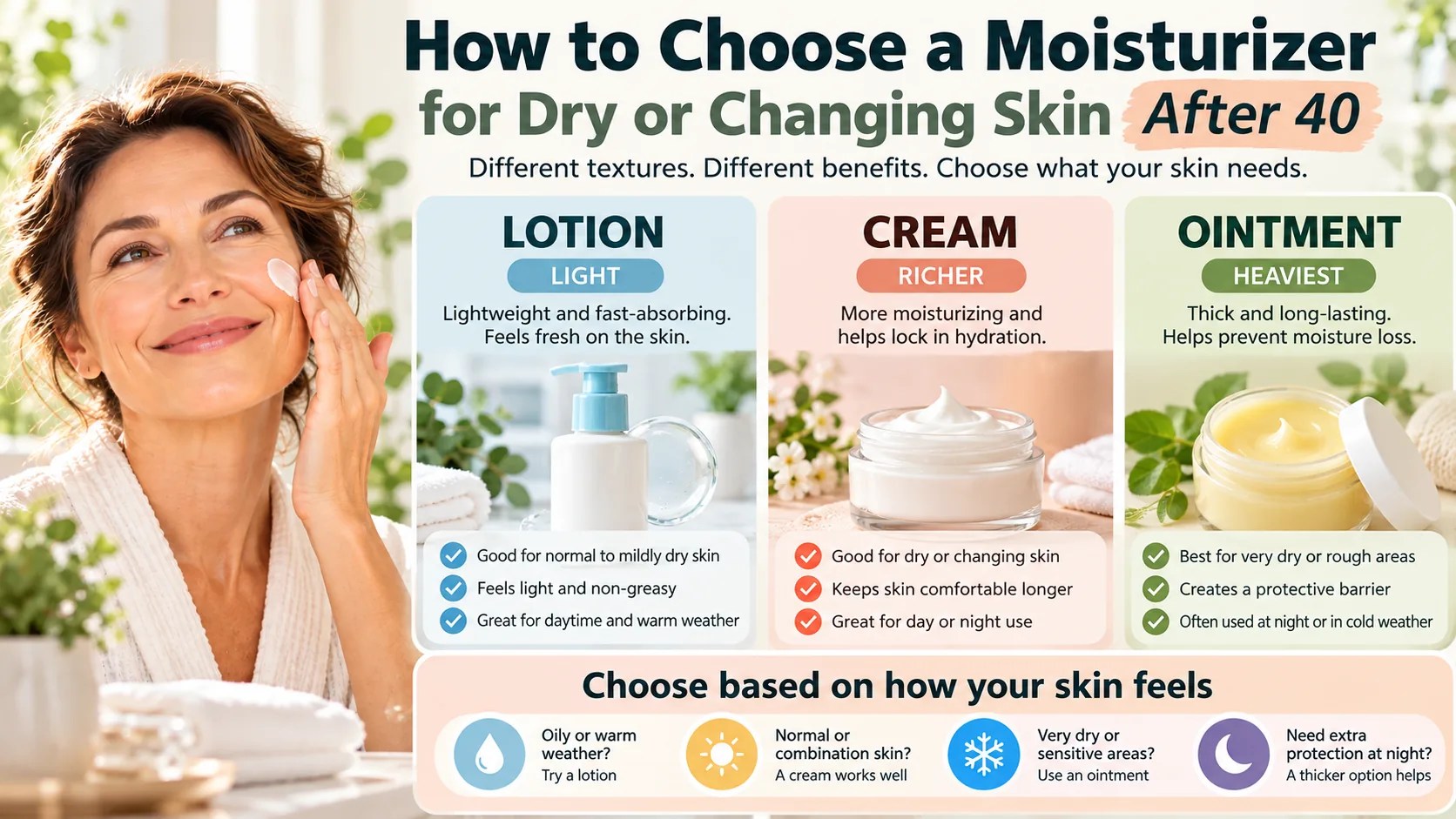 Side-by-side explanation of lotion, cream and ointment textures for people choosing moisturizer after 40