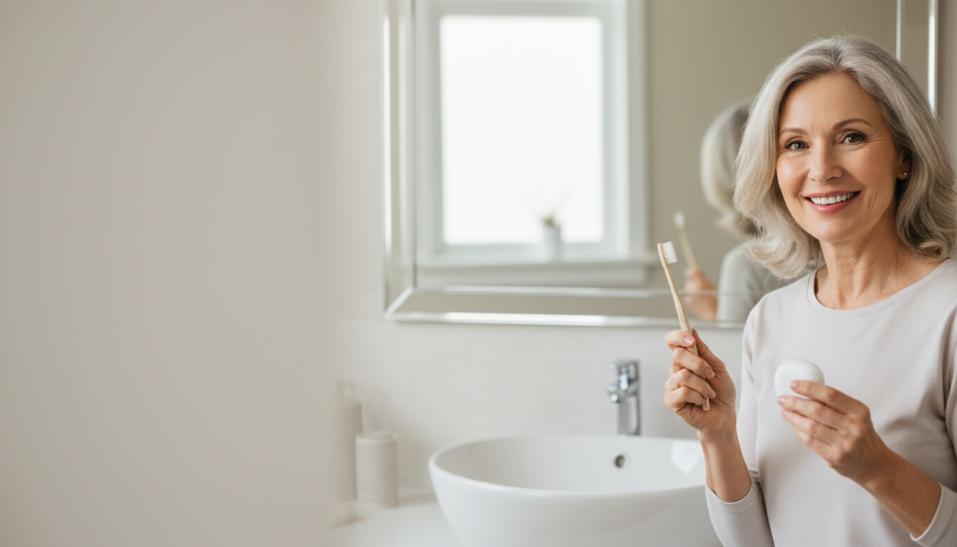 American woman holding a toothbrush and dental floss at home