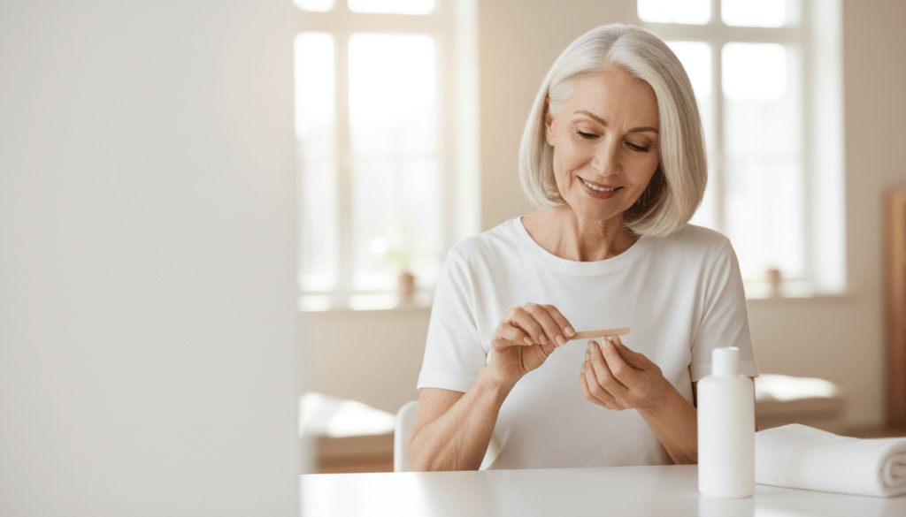 Well-groomed woman in her late fifties carefully filing natural nails at her sunny kitchen table