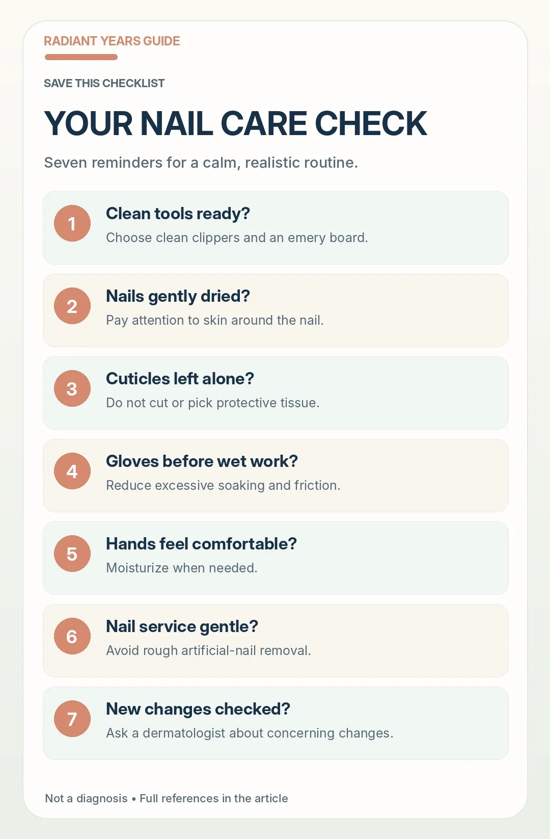 Seven checks for safe nail care including clean tools gloves moisturizer and warning signs
