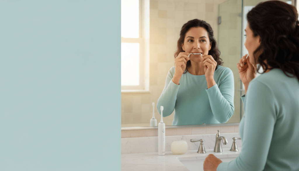 Hispanic American woman in her 50s carefully flossing her teeth in a bright bathroom