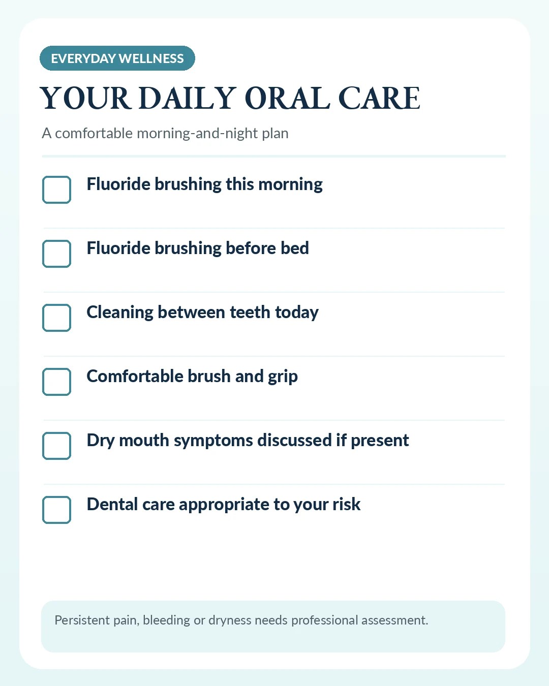 Six-point oral care checklist including fluoride brushing twice daily and cleaning between teeth daily