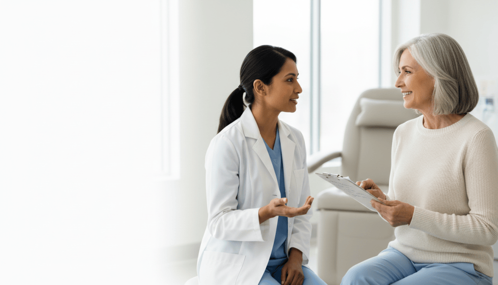 Confident American woman in her late fifties holding a question checklist at a clinic visit