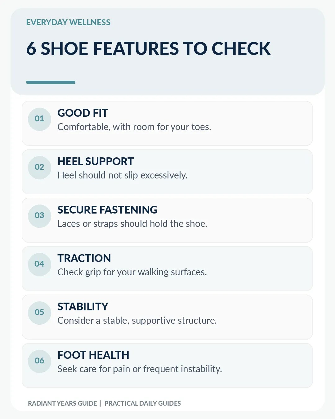 Six practical walking shoe fit and stability characteristics