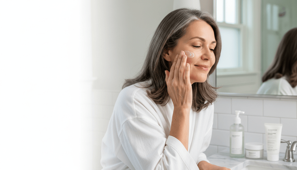 Smiling American woman in her early 50s applying face moisturizer in her bright bathroom