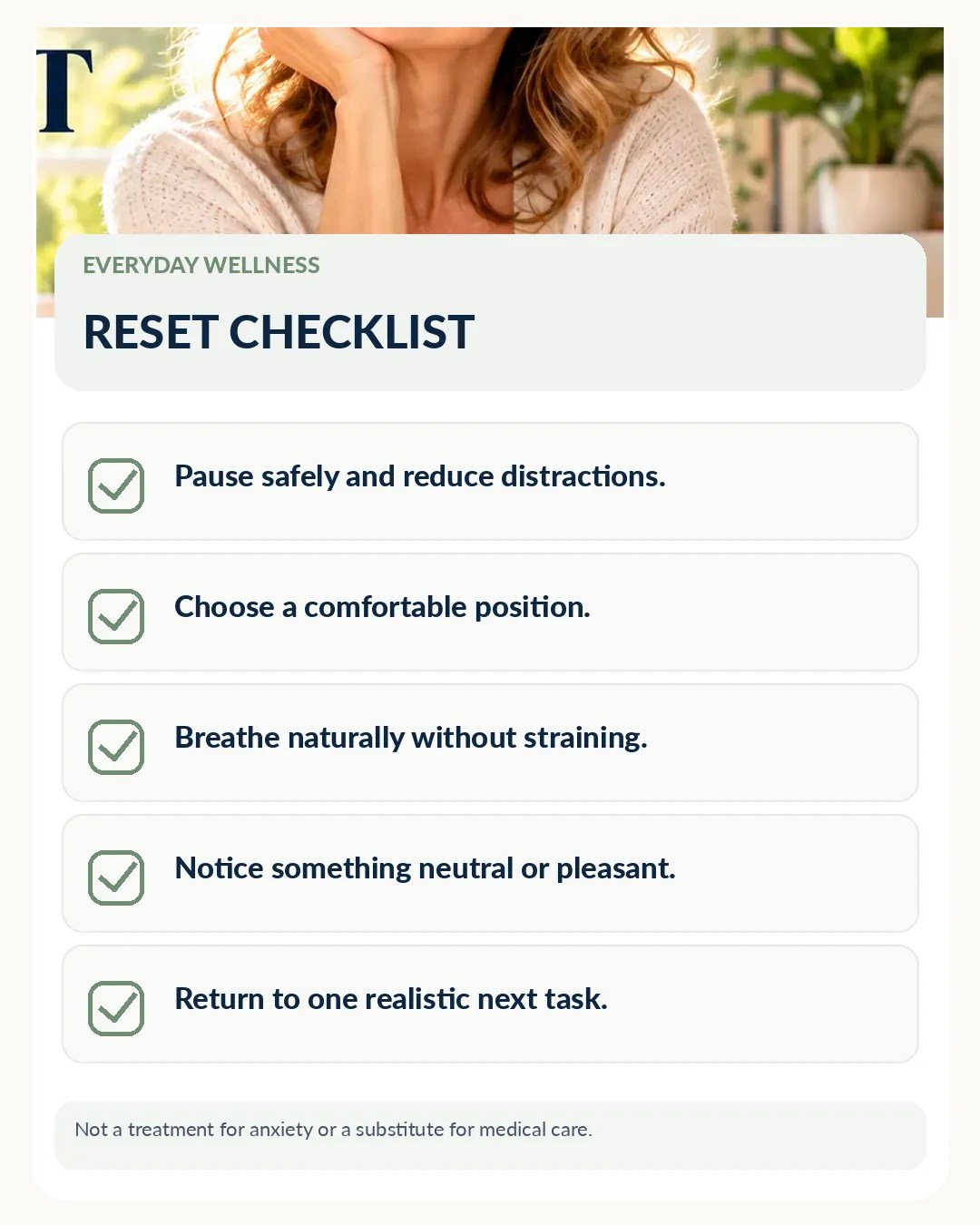 Printable-style visual checklist for Five-Minute Reset Checklist