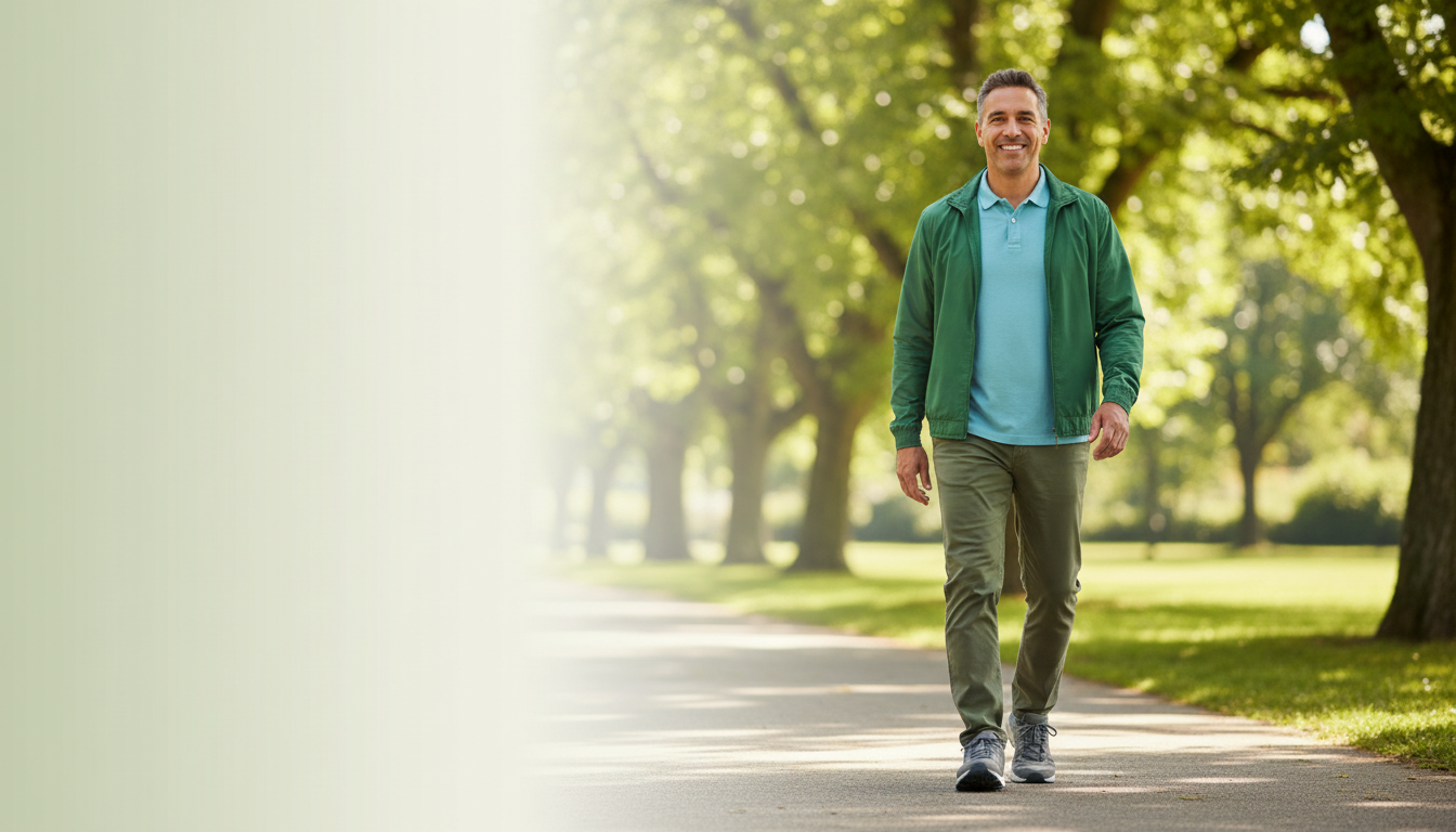 American man walking comfortably along a smooth safe park path