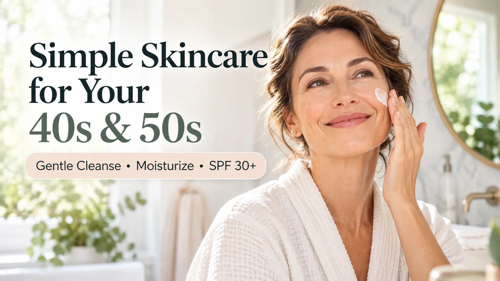 Adult woman using facial moisturizer in a bright bathroom
