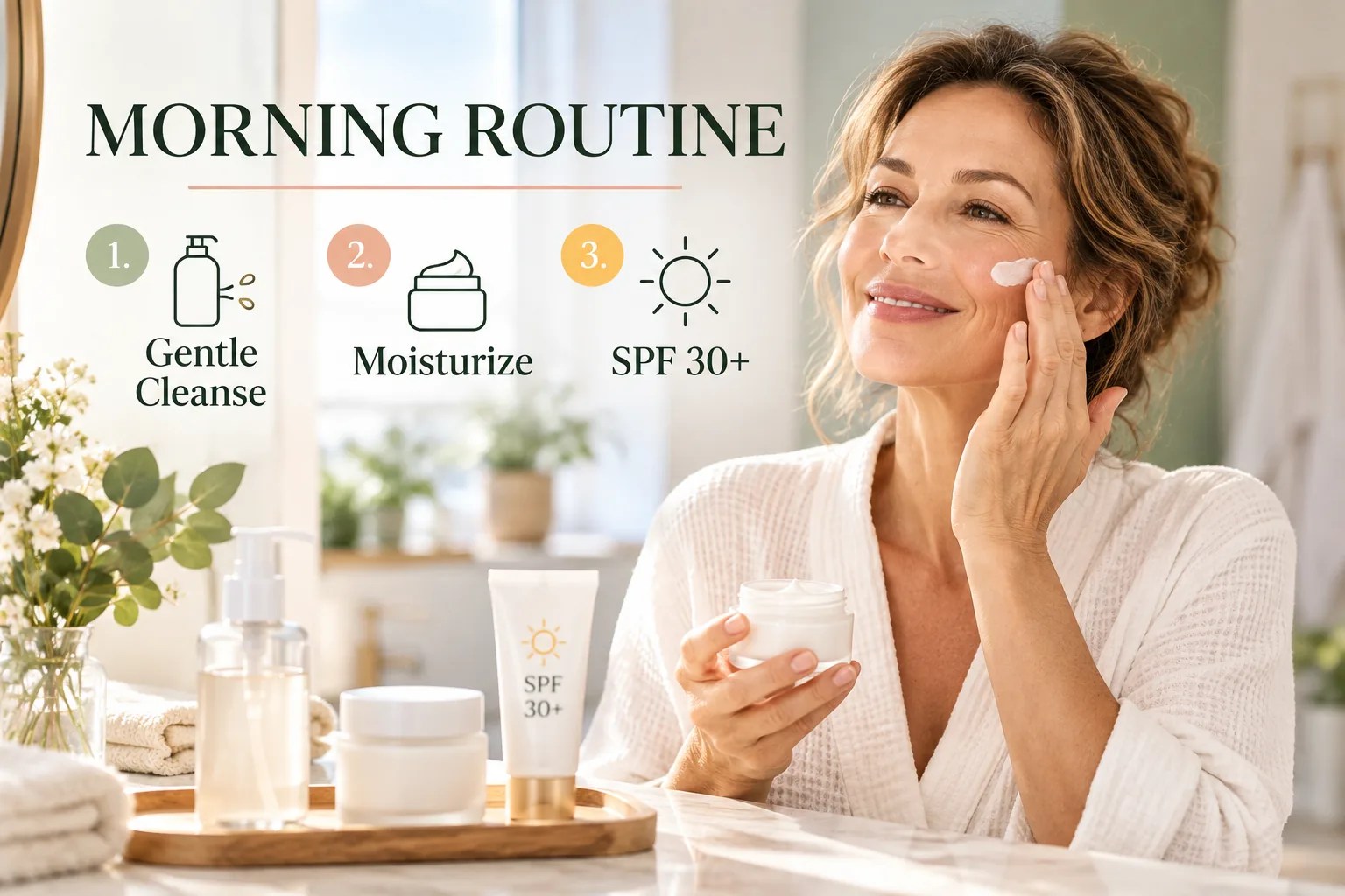 Morning routine: cleanse gently, moisturize, and apply SPF 30 or higher before outdoor exposure