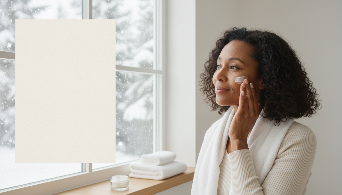 American woman using facial moisturizer on a cold winter morning
