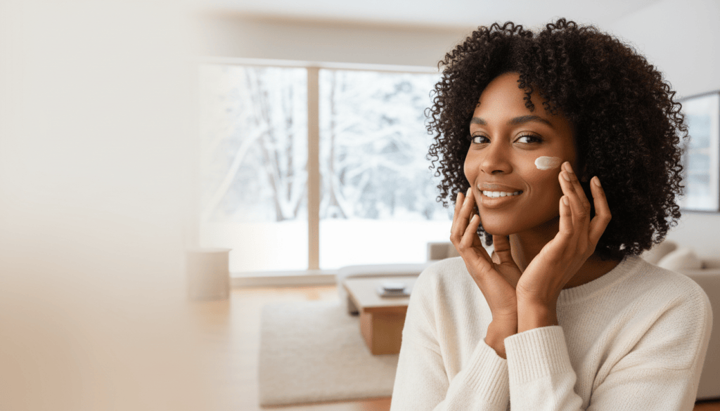 Stylish middle-aged American woman moisturizing her face beside a snowy window at home
