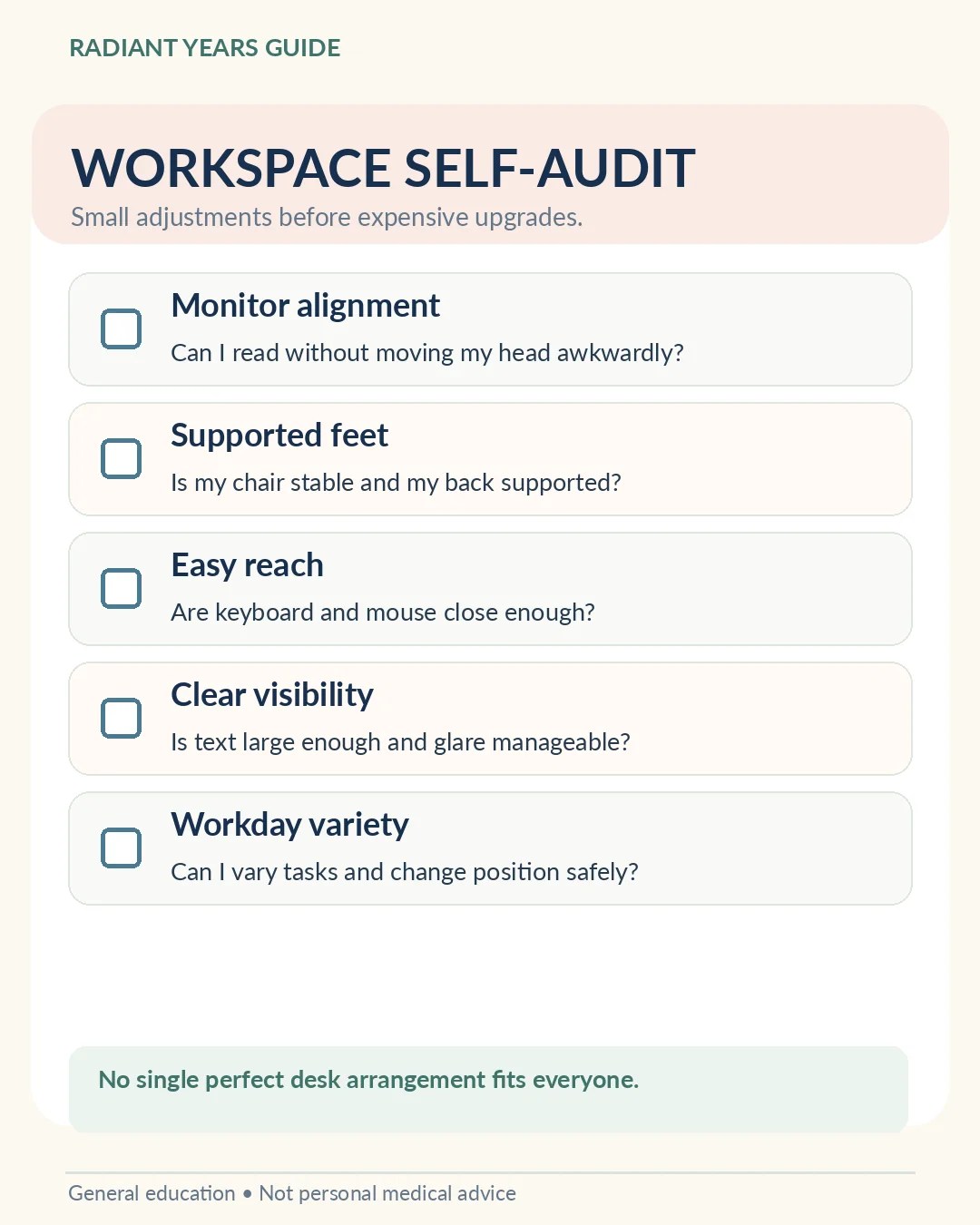 Home workstation self-audit checklist covering screen alignment foot support mouse and lighting