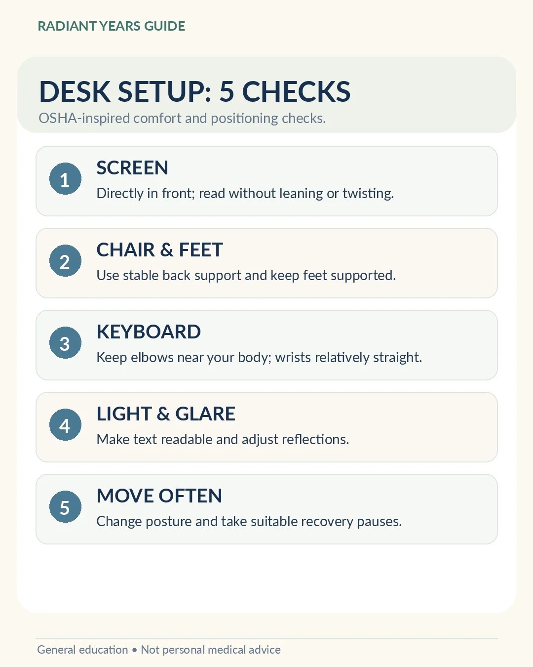 OSHA-inspired home-office comfort steps covering screen chair keyboard glare and movement